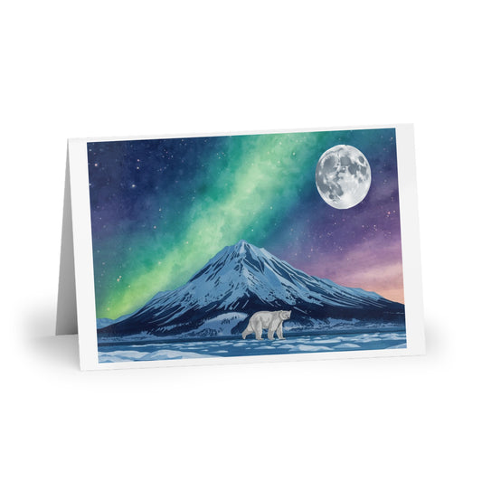 Greeting Card — Polar Bears Under Northern Lights (Moonlit Arctic Scenic Card)