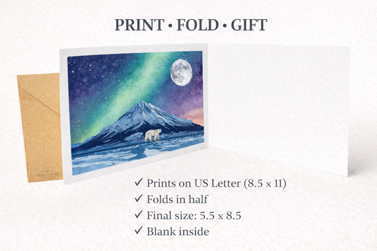Polar Bear Northern Lights Greeting Card | Printable Folded Card (PDF & PNG Download)